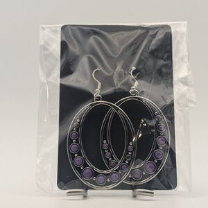 Silver Oval Dangle Earrings with Purple Beads – Statement Fashion Jewelry